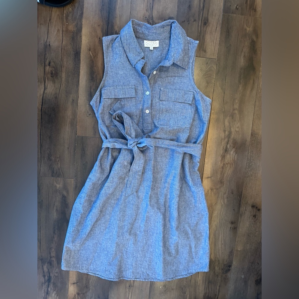 Mud Pie Chambray Belted Midi Dress S | Summer Casual Blue Button Front - Picture 3 of 9
